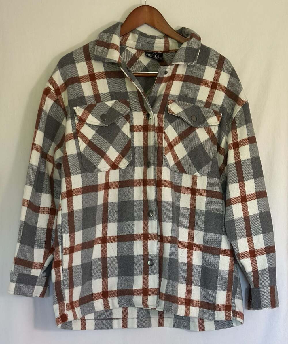HFX Women’s Gray Rust Orange Plaid Flannel Snap Shacket Sz S